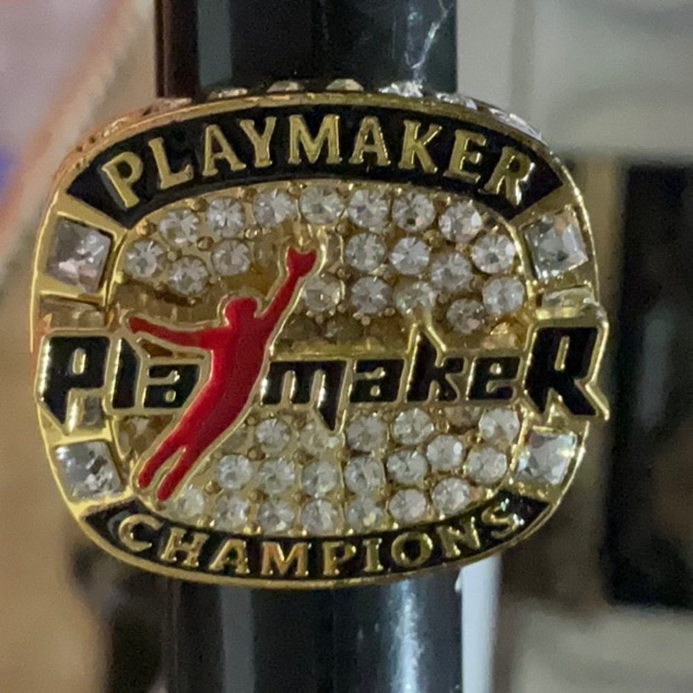 Playmaker Champion Gold Toned Metal Black & Red Enamel Ring Clear Sparkly Stones